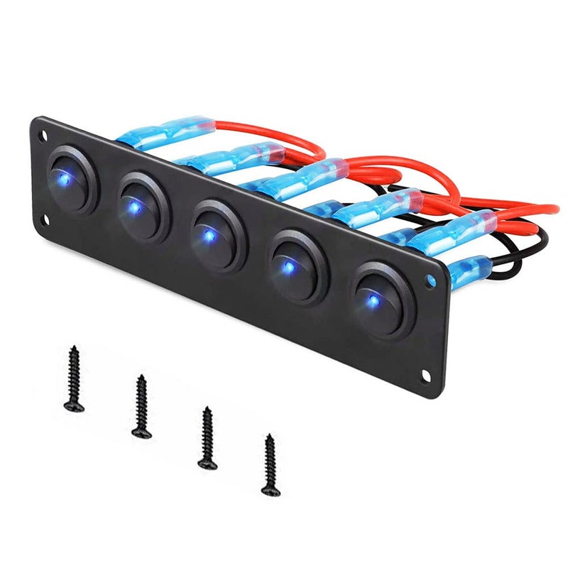 VonSom 12V Rocker Switch Panel Circuit Breaker Waterproof 5 Gang 3 Pin On/Off Toggle LED Switches for RV Marine Car Vehicle Trailer Truck SUV Boat RV Ship DC 12V/24V 20A - Image 1